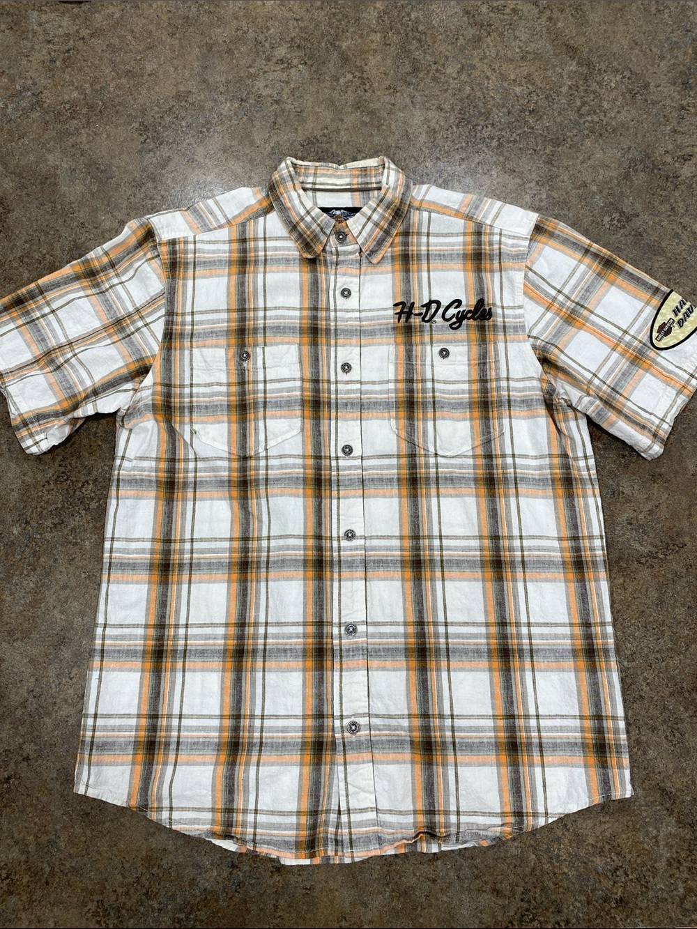Harley-Davidson White, Orange & Tan Plaid Short-Sleeve Button-Down Shirt